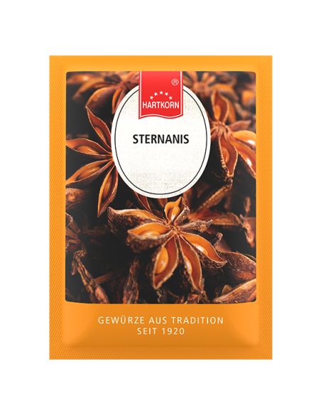 Gewürzbeutel mit der Aufschrift „Sternanis ganz“. Auf dem Etikett ist das rote Hartkorn-Logo zu sehen.