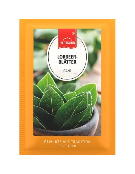 Vorderseite einer gelben Gewürztüte mit großem Bild von Lorbeerblättern.