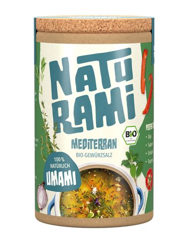 Runde Pappdose mit grünem Etikett und der Aufschrift „Naturami Mediterran Bio-Gewürzsalz