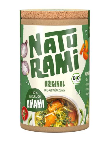 Runde Pappdose mit grünem Etikett und der Aufschrift „Naturami Original Bio-Gewürzsalz