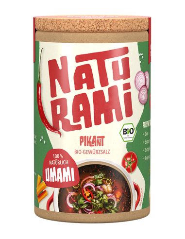 Runde Pappdose mit rotem Etikett und der Aufschrift „Naturami Pikant Bio-Gewürzsalz