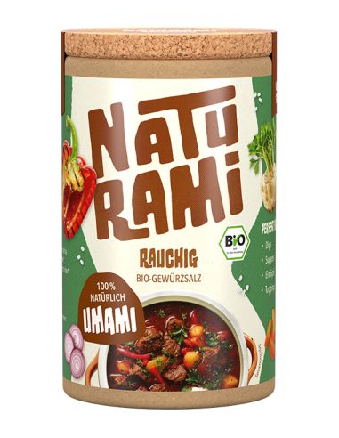 Runde Pappdose mit braunem Etikett und der Aufschrift „Naturami Rauchig Bio-Gewürzsalz