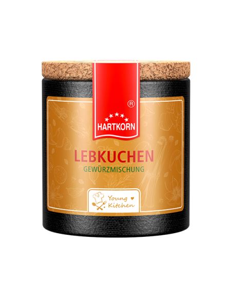 Schwarze Pappdose mit orangem Etikett mit der Aufschrift Lebkuchen Gewürzmischung