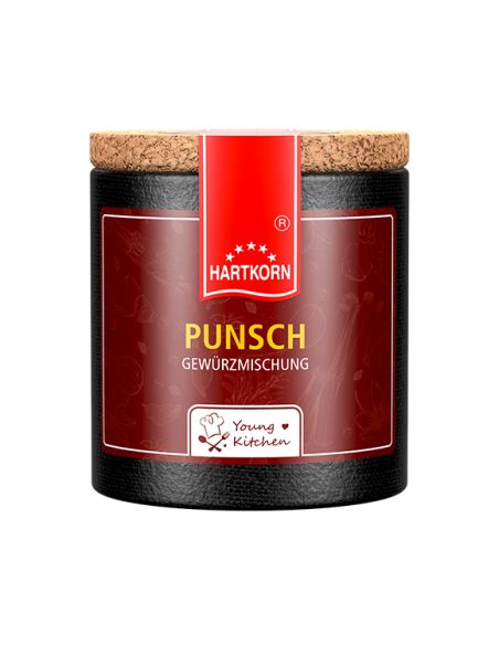 Schwarze Pappdose mit rotem Etikett mit der Aufschrift Punsch Gewürzmischung
