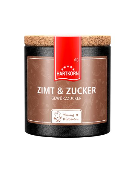 Schwarze Pappdose mit braunem Etikett mit der Aufschrift Zimt & Zucker Gewürzzucker