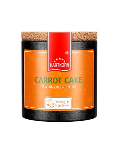Schwarze Pappdose mit orangem Etikett mit der Aufschrift Carrot Cake Gewürzzucker