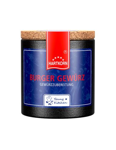 Schwarze Pappdose mit blauem Etikett mit der Aufschrift „Burger Gewürz“