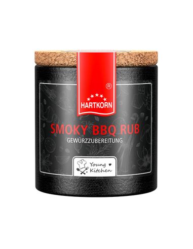 Schwarze Pappdose mit rotem Etikett mit der Aufschrift „Smoky BBQ Rub“