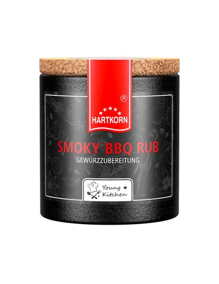 Schwarze Pappdose mit rotem Etikett mit der Aufschrift „Smoky BBQ Rub“
