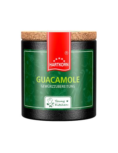 Schwarze Pappdose mit grünem Etikett mit der Aufschrift „Guacamole“