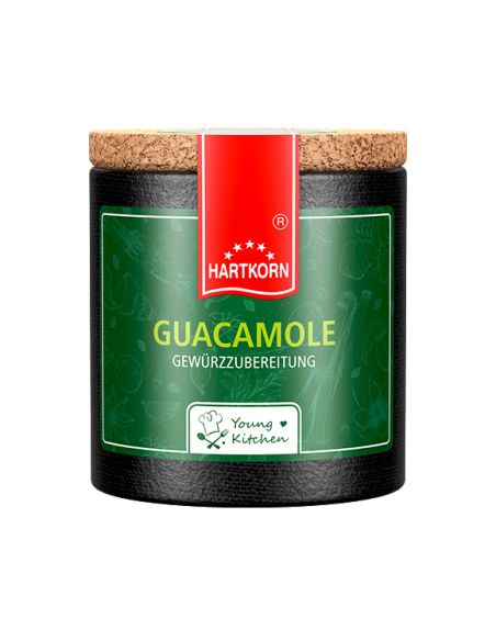Schwarze Pappdose mit grünem Etikett mit der Aufschrift „Guacamole“