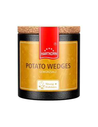 Schwarze Pappdose mit gelbem Etikett mit der Aufschrift „Potato Wedges“