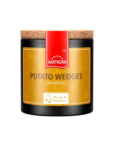 Schwarze Pappdose mit gelbem Etikett mit der Aufschrift „Potato Wedges“