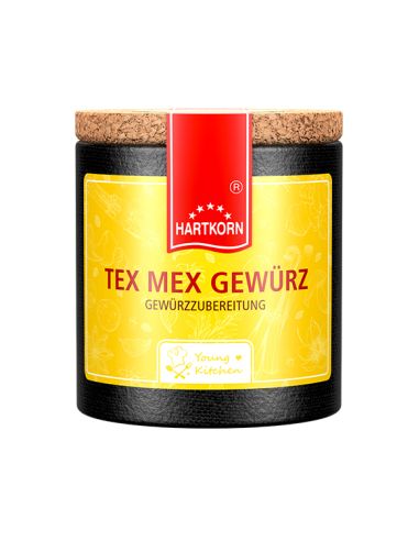 Schwarze Pappdose mit gelbem Etikett mit der Aufschrift „Tex Mex Gewürz“