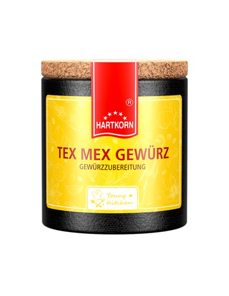 Schwarze Pappdose mit gelbem Etikett mit der Aufschrift „Tex Mex Gewürz“