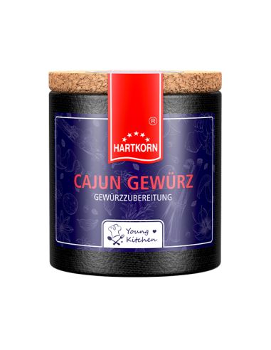 Schwarze Pappdose mit violettem Etikett mit der Aufschrift „Cajun Gewürz“