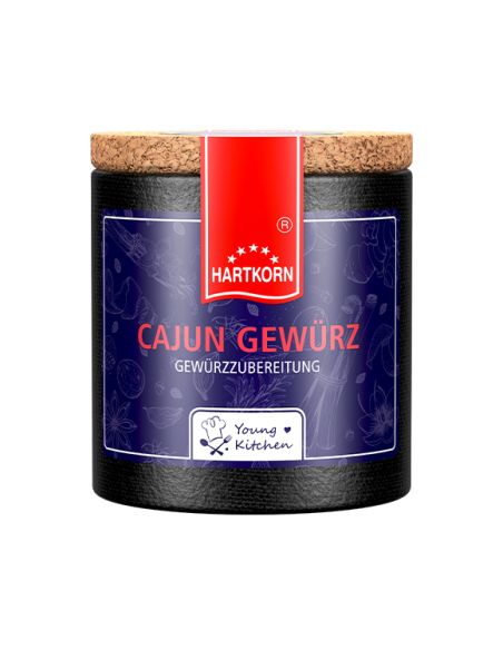 Schwarze Pappdose mit violettem Etikett mit der Aufschrift „Cajun Gewürz“