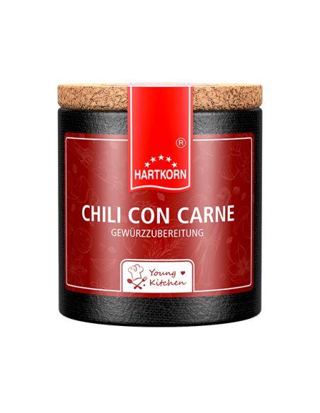 Schwarze Pappdose mit rotem Etikett mit der Aufschrift „Chili con Carne“