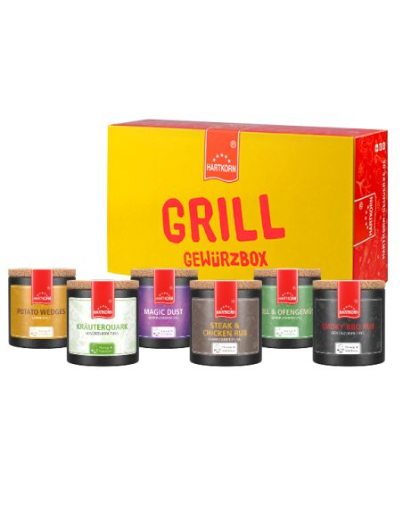 Gelbe Grill-Gewürzbox mit sechs Keramiktöpfchen in verschiedenen Farben und Beschriftungen davor.