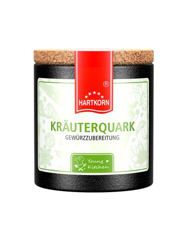 Pappdose mit Korkdeckel und weiß-grünem Etikett, beschriftet mit „Kräuterquark – Gewürzzubereitung“.