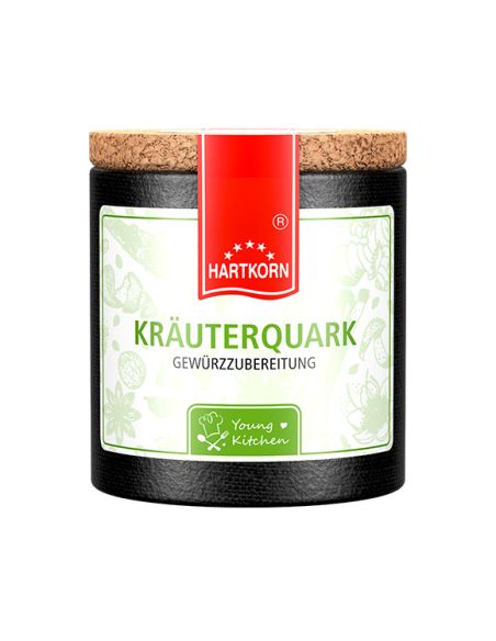 Pappdose mit Korkdeckel und weiß-grünem Etikett, beschriftet mit „Kräuterquark – Gewürzzubereitung“.