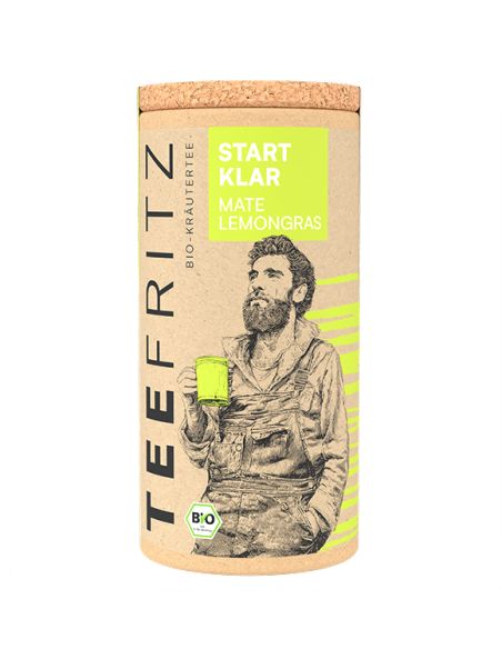 Teefritz Dose „Start Klar“ Mate Lemongras, mit Illustration eines Mannes mit Becher und grünem Etikett.
