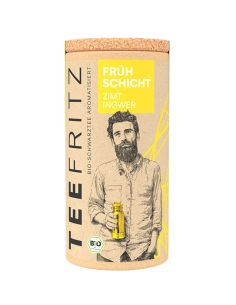 Teefritz Dose „Früh Schicht“ Zimt Ingwer, mit Illustration eines Mannes mit Thermosflasche und gelbem Etikett.