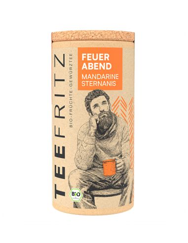 Teefritz Dose „Feuer Abend“ Mandarine Sternanis, mit Illustration eines Mannes mit Schal und orangefarbenem Etikett.