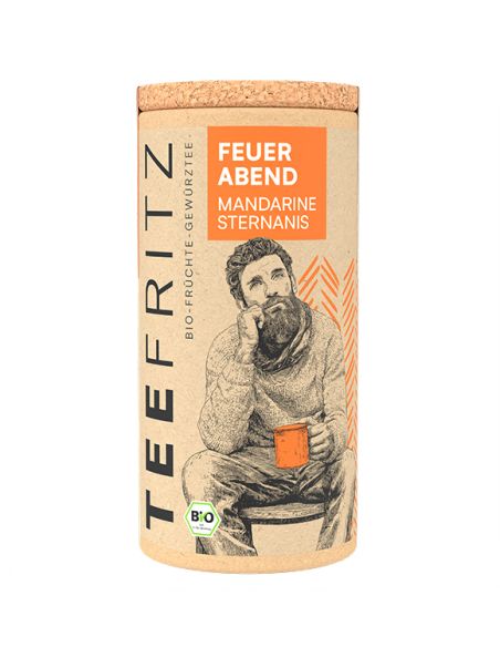 Teefritz Dose „Feuer Abend“ Mandarine Sternanis, mit Illustration eines Mannes mit Schal und orangefarbenem Etikett.