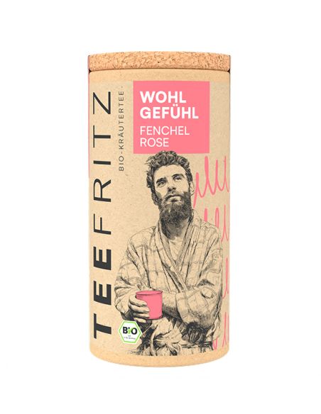 Teefritz Dose „Wohl Gefühl“ Fenchel Rose, mit Illustration eines Mannes im Bademantel und rosa Etikett.