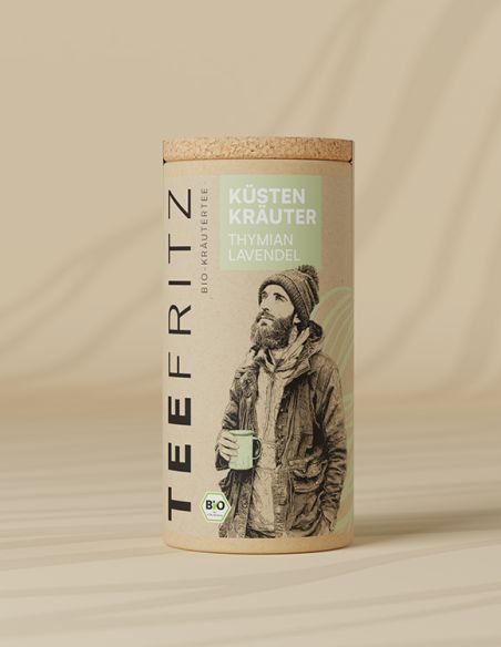 Teefritz Dose „Küsten Kräuter“ Thymian Lavendel, mit Illustration eines Mannes mit Mütze und hellgrünem Etikett.