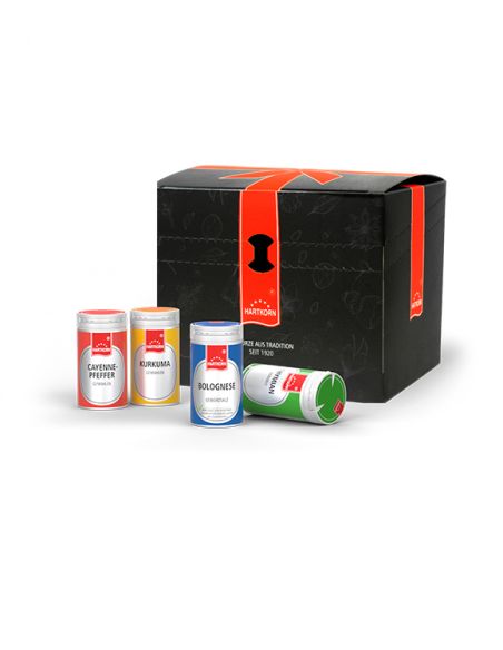 Geöffnete schwarze Geschenkbox mit vielen silbernen Gewürzdosen und drei Dosen davor