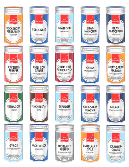 Zwanzig silberne Gewürzdosen, mit den jeweiligen Gewürznamen auf den Etiketten