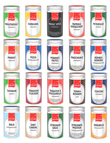 Zwanzig silberne Gewürzdosen, mit den jeweiligen Gewürznamen auf den Etiketten