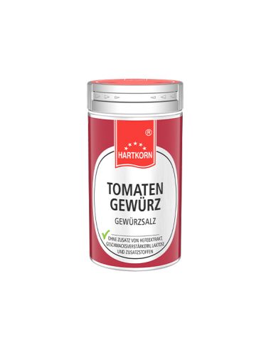 Hartkorn Tomatengewürz Gewürzsalz in roter Dose mit silbernem Deckel.