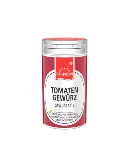 Hartkorn Tomatengewürz Gewürzsalz in roter Dose mit silbernem Deckel.
