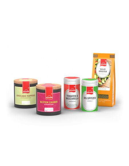 Pasta Gewürzset mit fünf Gewürzen in verschiedenen Farben und Formen, gruppiert als Übersicht.