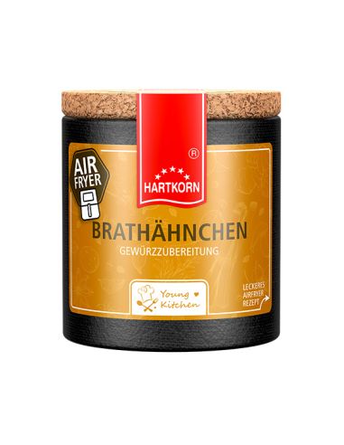 Pappdose mit Korkdeckel und gelbem Etikett, beschriftet mit „Brathähnchen“ und Airfryer.