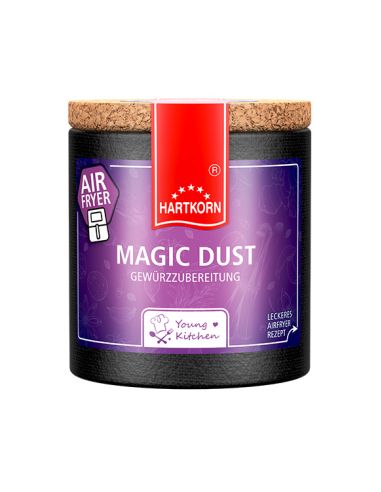 Pappdose mit Korkdeckel und violettem Etikett, beschriftet mit „Magic Dust – Gewürzzubereitung“ und Airfryer.