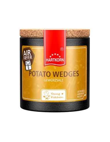 Pappdose mit Korkdeckel und orange-gelbem Etikett, beschriftet mit „Potato Wedges – Gewürzzubereitung“ und Airfryer.