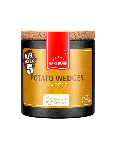 Pappdose mit Korkdeckel und orange-gelbem Etikett, beschriftet mit „Potato Wedges – Gewürzzubereitung“ und Airfryer.