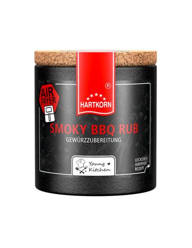 Pappdose mit Korkdeckel und dunkelgrauem Etikett, beschriftet mit „Smoky BBQ Rub“ und Airfryer.
