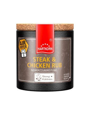 Pappdose mit Korkdeckel und grauem Etikett, beschriftet mit „Steak & Chicken Rub“ und Airfryer.