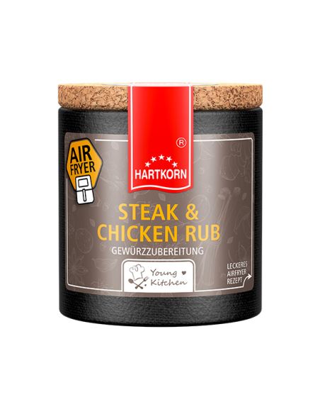 Pappdose mit Korkdeckel und grauem Etikett, beschriftet mit „Steak & Chicken Rub“ und Airfryer.