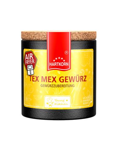 Pappdose mit Korkdeckel und gelbem Etikett, beschriftet mit „Tex Mex Gewürz“ mit Airfryer.