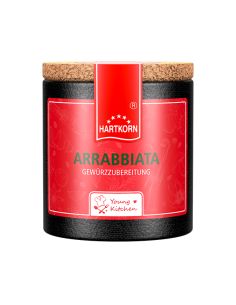 Pappdose mit Korkdeckel und rotem Etikett, beschriftet mit „Arrabbiata“.