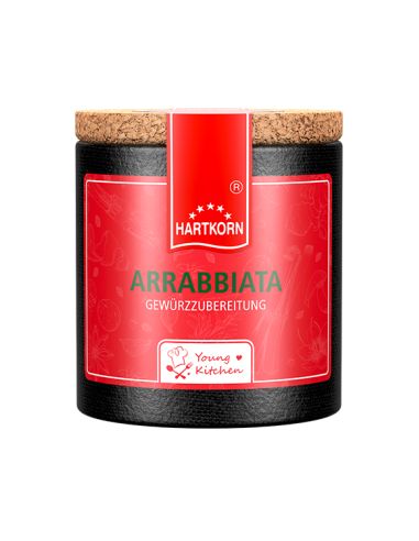 Pappdose mit Korkdeckel und rotem Etikett, beschriftet mit „Arrabbiata“.