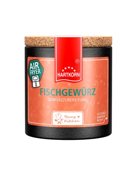 Pappdose mit Korkdeckel und orangefarbenem Etikett, beschriftet mit „Fischgewürz“ und Airfryer.