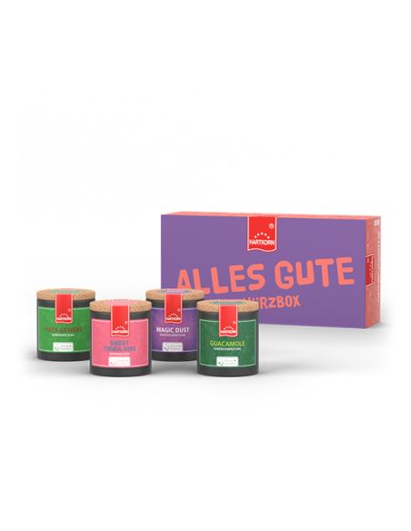 Alles Gute Gewürzbox mit vier Gewürzen: Pizza Gewürz, Sweet Tonka Kiss, Magic Dust und Guacamole Gewürzzubereitung