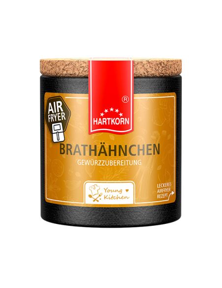 Pappdose mit Korkdeckel und gelbem Etikett, beschriftet mit „Brathähnchen“ und Airfryer.